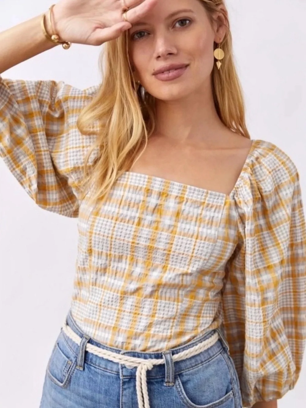 Anthropologie Yellow and White Plaid Puff-Sleeve Square Neck Top